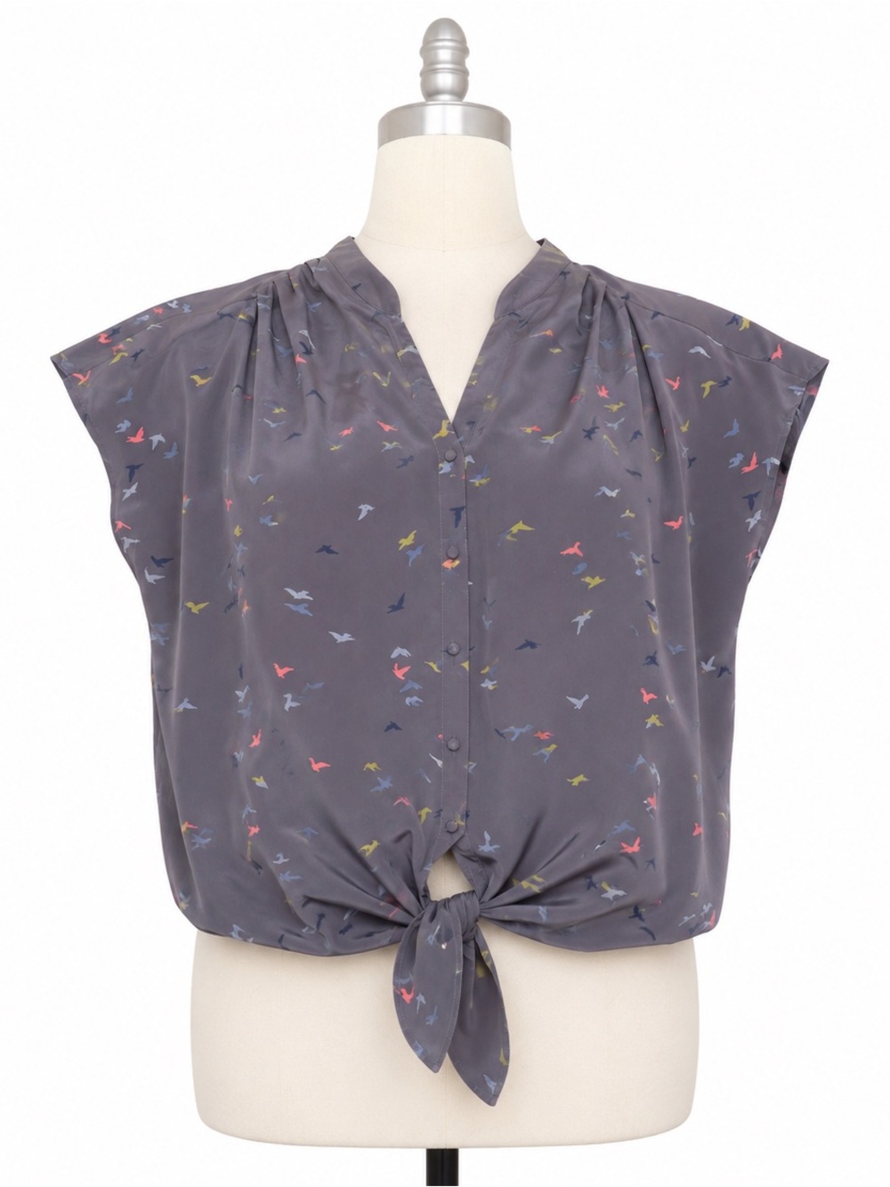 a.n.a Charcoal Grey Bird-Print Tie-Front Blouse
